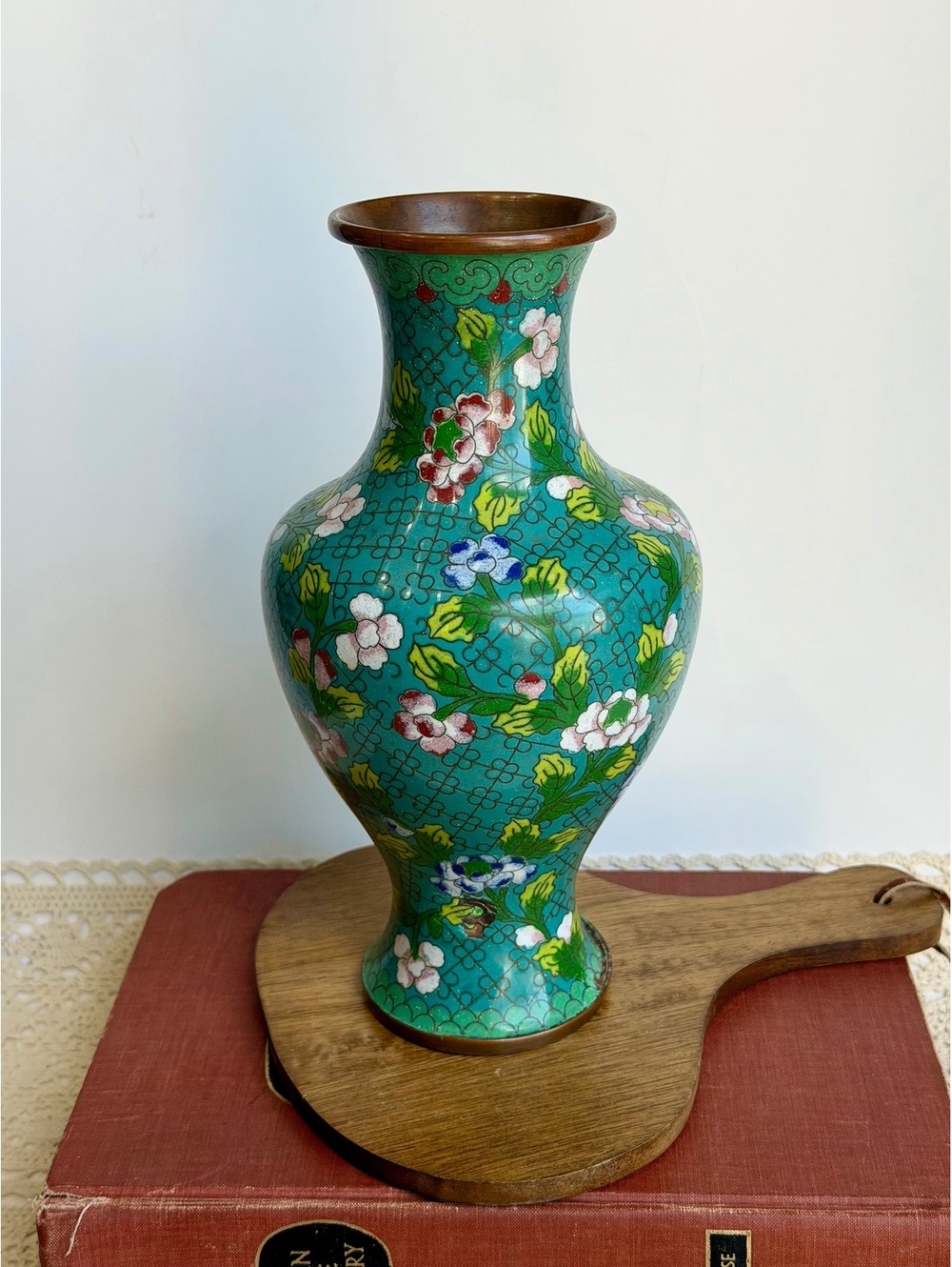Vintage Chinese Cloisonne Enamel Vase Turquoise Floral Brass 10" Asian Decor